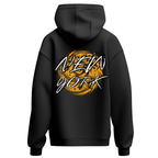 Black hoodie with 'New York' design on the back against a white background
