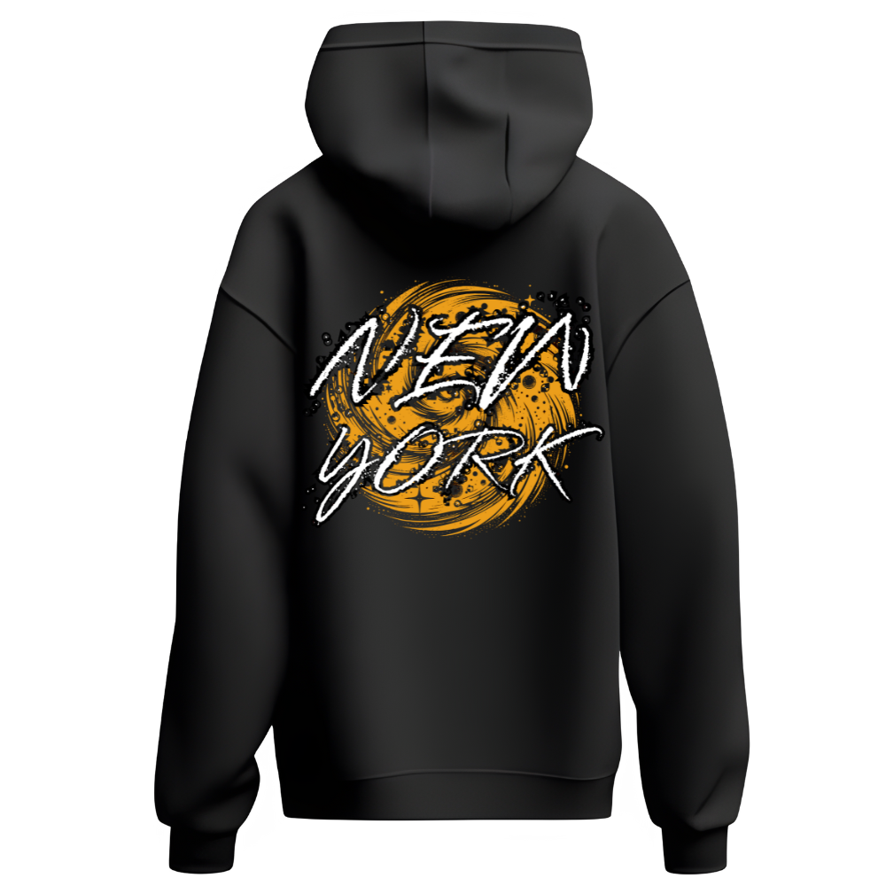 Black hoodie with 'New York' design on the back against a white background
